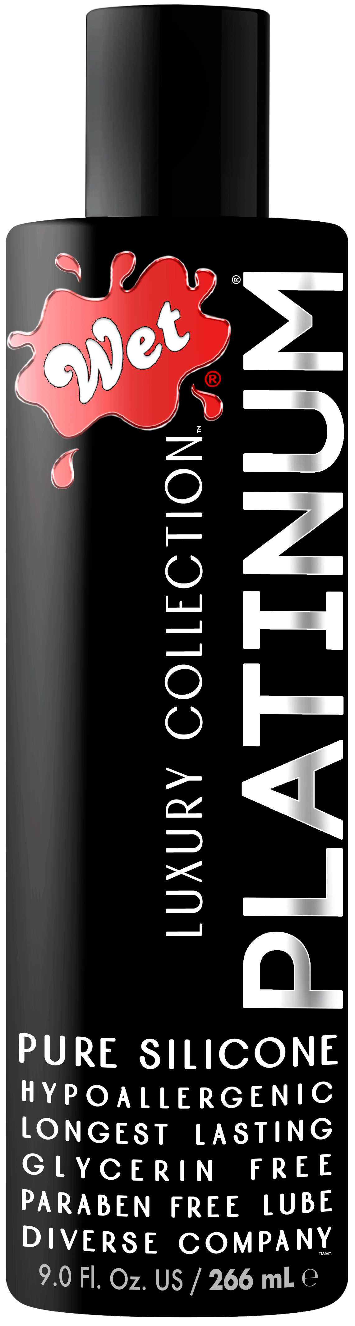 Wet Platinum Silicone Lubricant 9.0 Fl Oz 266ml Luxury Black Bottle