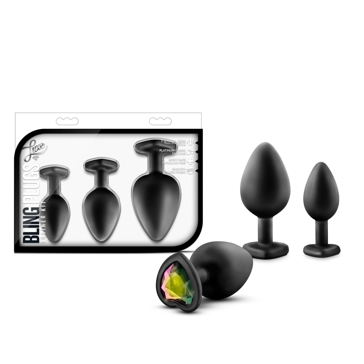 Luxe Bling Plugs Training Kit Black With Rainbow Gems 3 Sizes