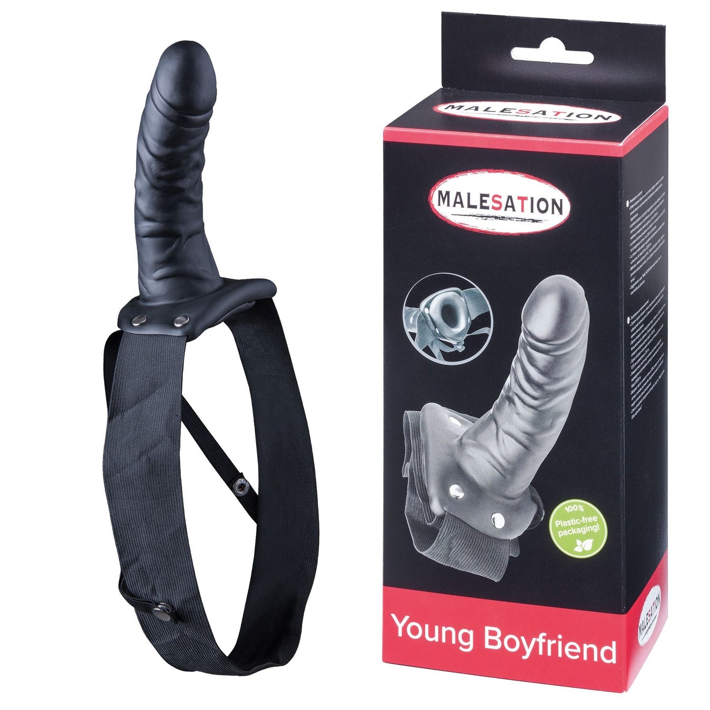 Malesation Young Boyfriend Black PVC Hollow Penis Prosthesis 7 Inch with Adjustable Straps Up to 120 cm