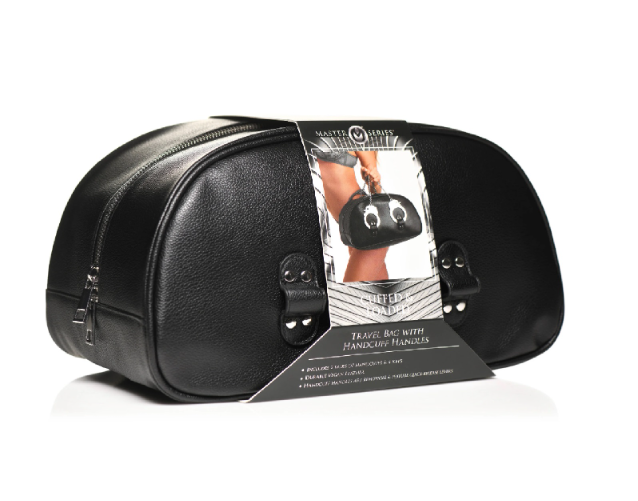 Master Series Cuffed and Loaded Black Vegan Leather Travel Bag with Handcuff Handles 13 x 7.25 x 7 Inches