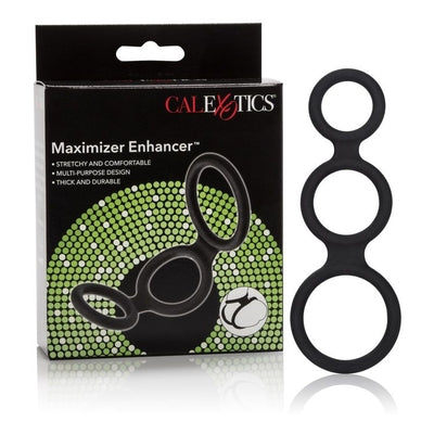 Maximizer Enhancer Triple Silicone Ring Set Black with 2 Inch Base, 1.5 Inch Scrotum, and 1.25 Inch Shaft Rings