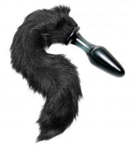 Midnight Fox Glass Anal Plug with Long Black Fur Tail