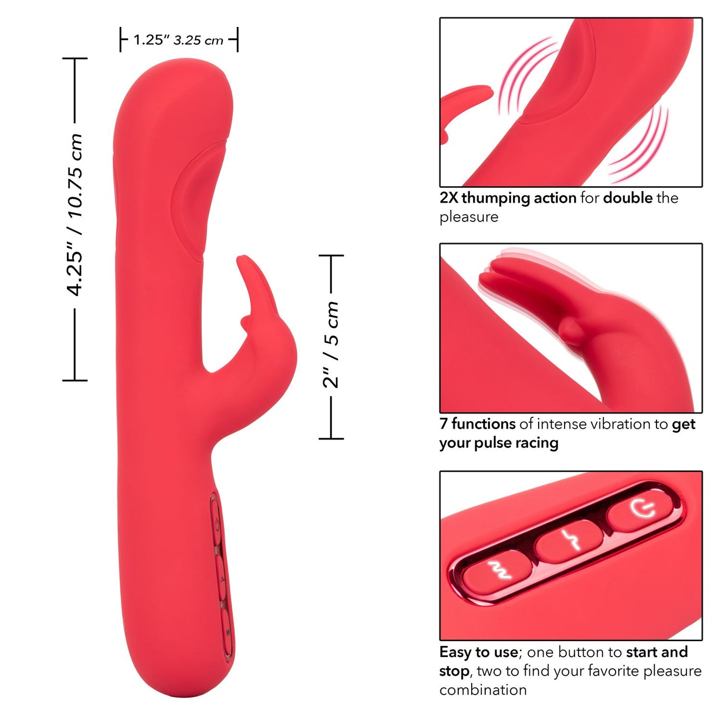 Throb Pulse Red Silicone Rabbit Vibrator with Double Thumping Action and 7 Vibration Functions