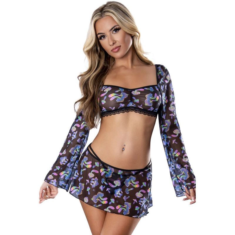 Exposed Mushroom Crop Top Skirt and G-String Set (Blacklight Reactive) – Lingerie Set