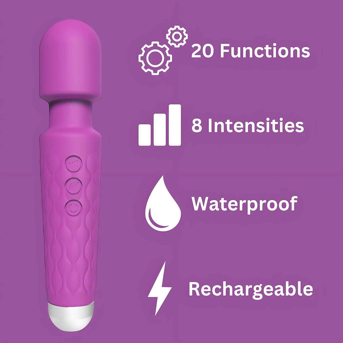 Loving Joy 20 Function Wand Vibrator (Purple) – Waterproof Rechargeable Wand Vibrator 8 Inches