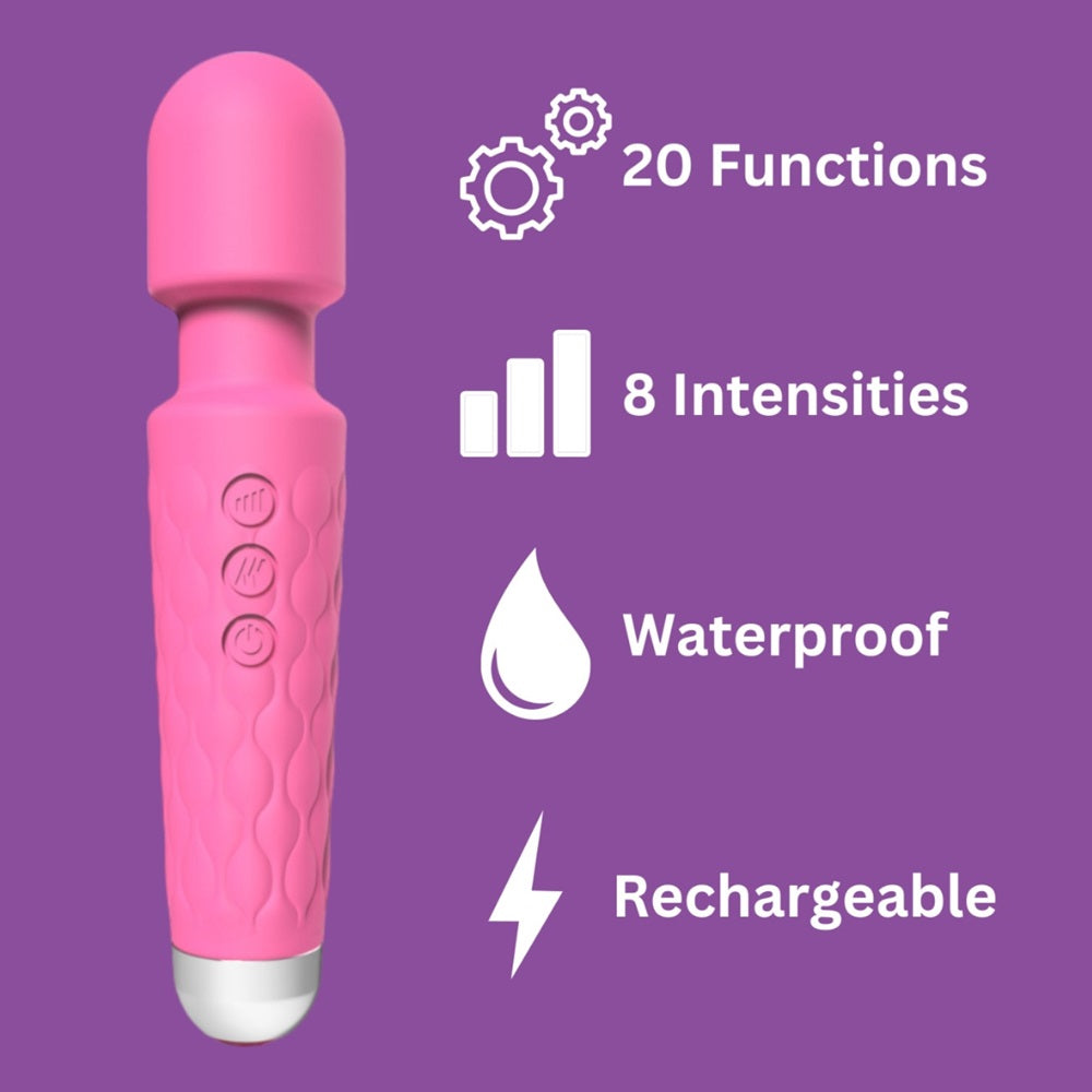 Loving Joy 20 Function Wand Vibrator (Pink) – Waterproof Rechargeable Wand Vibrator 8 Inches