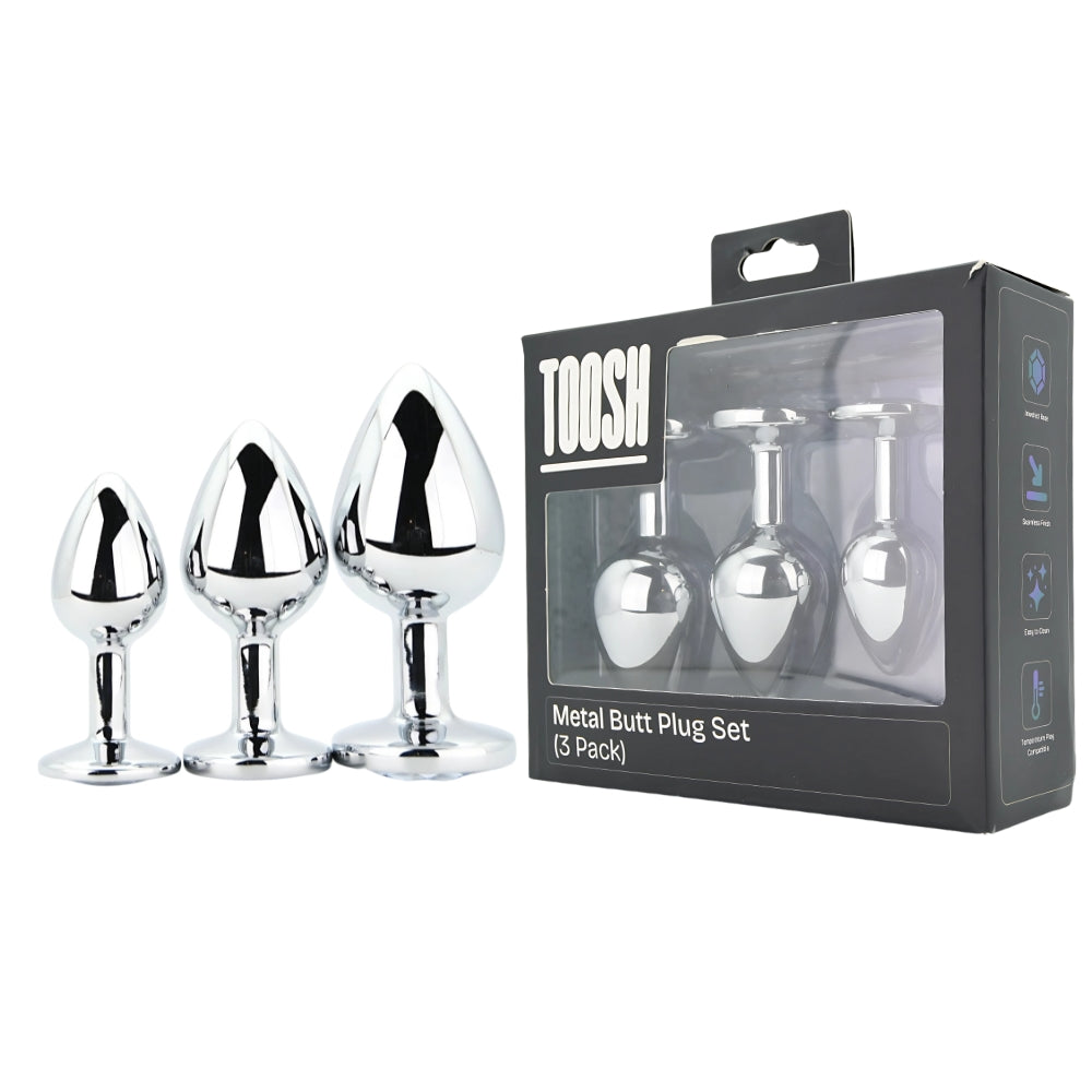 Toosh Metal Butt Plug Set of 3 – Small, Medium, Large Jewelled Base Butt Plugs
