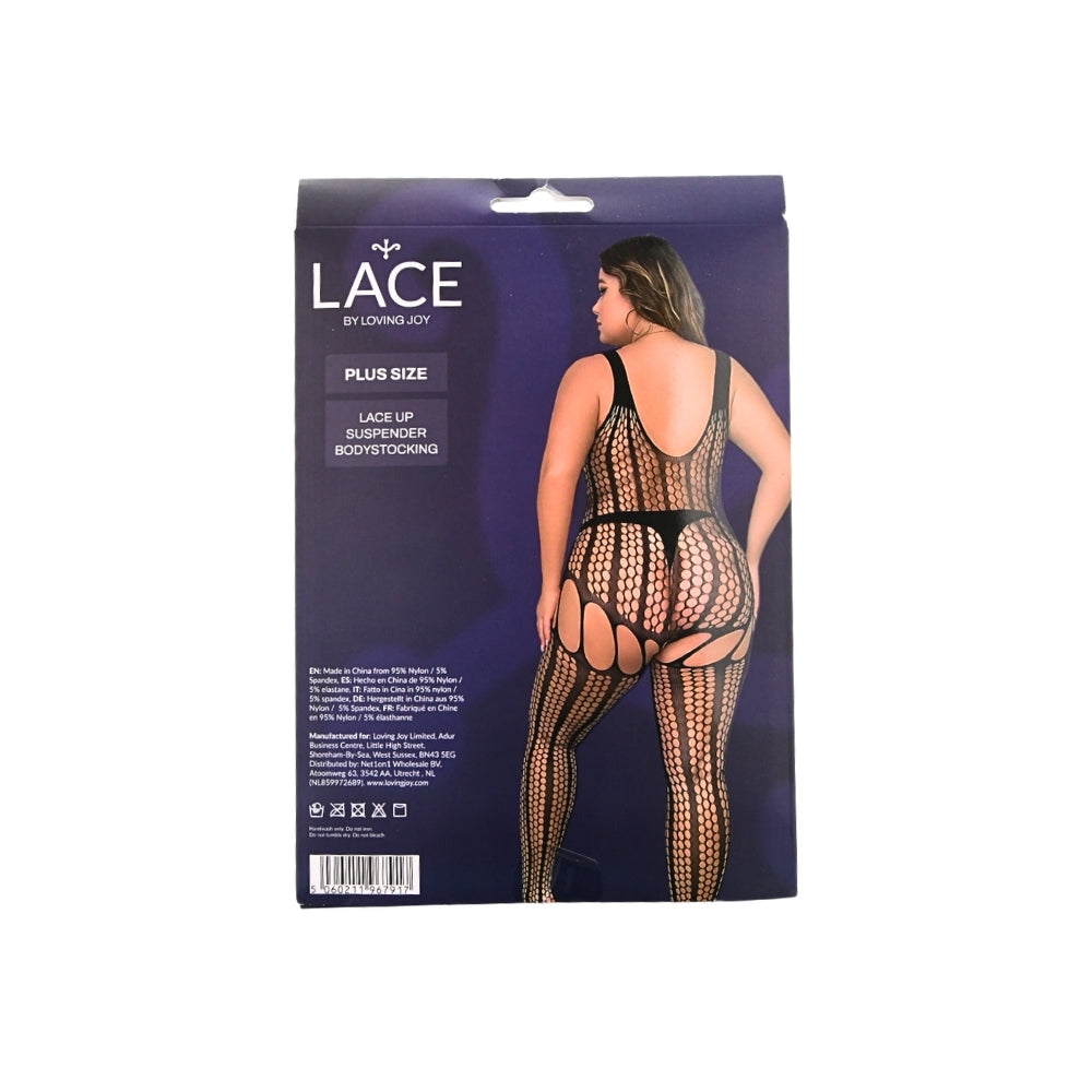 Lace by LJ Plus Size Lace Up Suspender Bodystocking - Lace Bodystocking