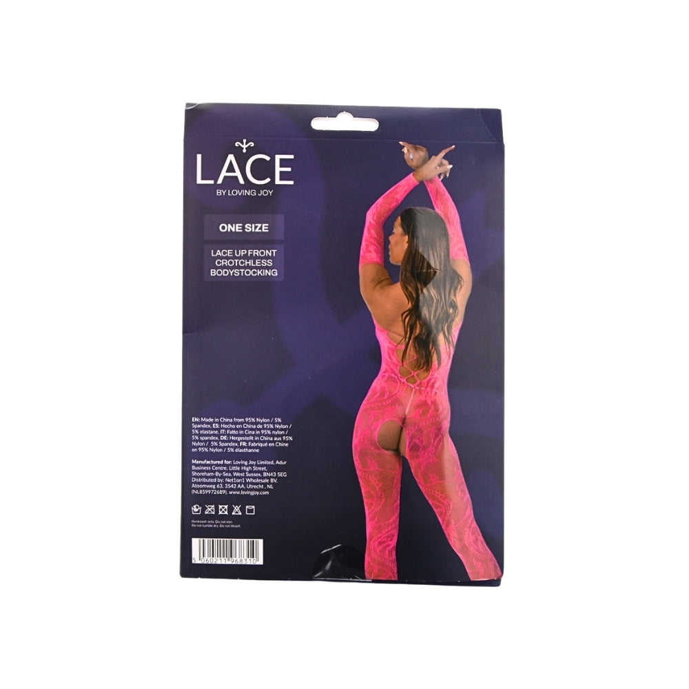 Lace by LJ Lace Up Front Crotchless Bodystocking – Sheer Bodystocking