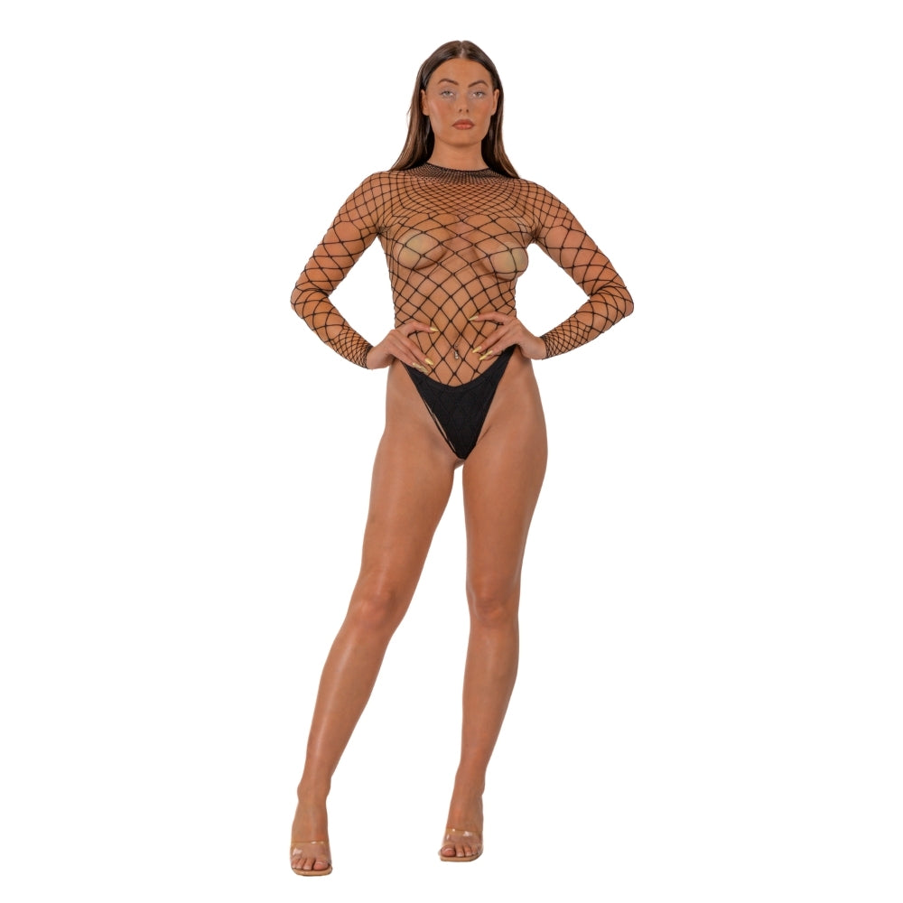 Lace by LJ Fence Net Long-Sleeved Thong Bodysuit – Lingerie