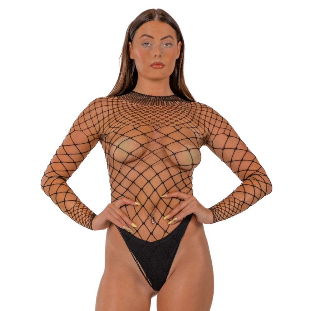 Lace by LJ Fence Net Long-Sleeved Thong Bodysuit – Lingerie