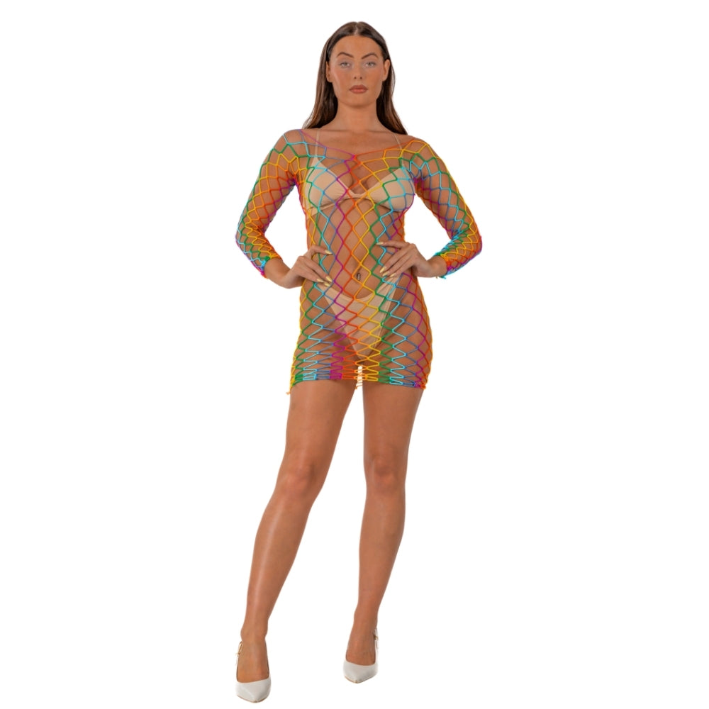 Lace by LJ Rainbow Long Sleeved Mini Dress – Sheer Open Net Dress