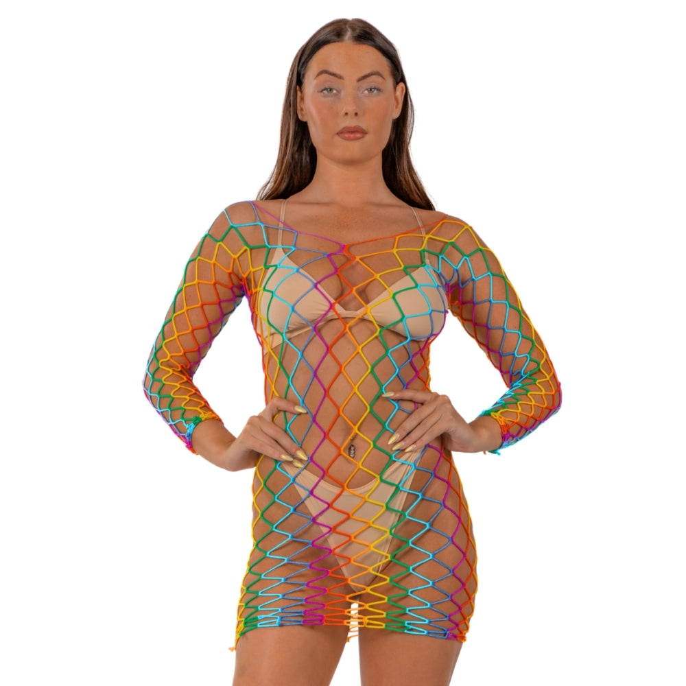 Lace by LJ Rainbow Long Sleeved Mini Dress – Sheer Open Net Dress