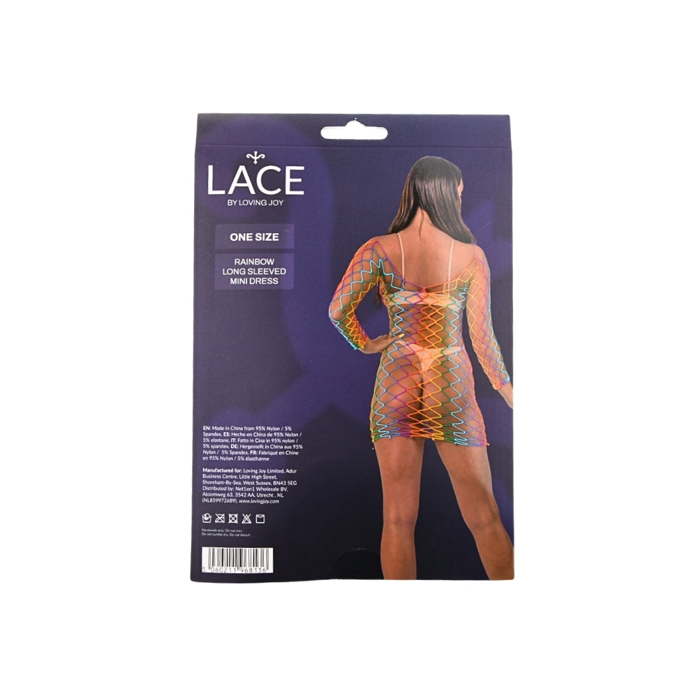 Lace by LJ Rainbow Long Sleeved Mini Dress – Sheer Open Net Dress