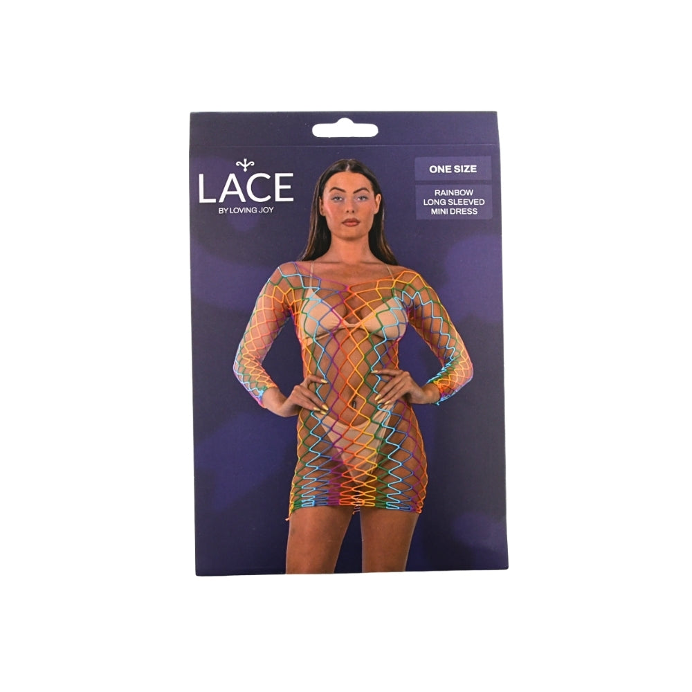 Lace by LJ Rainbow Long Sleeved Mini Dress – Sheer Open Net Dress
