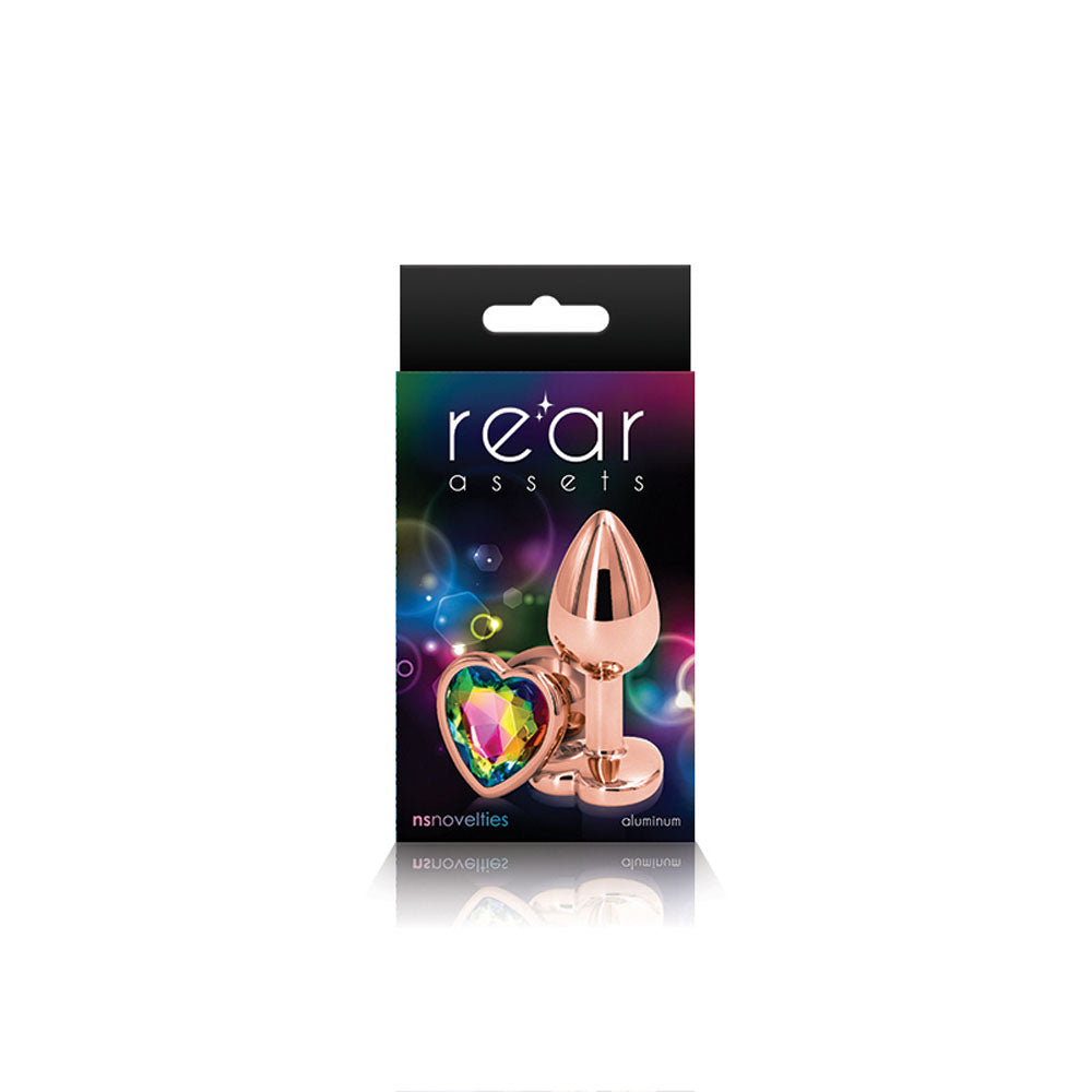 Rear Assets Rose Gold Small Metal Butt Plug with Rainbow Heart Gem Base – Lightweight Butt Plug