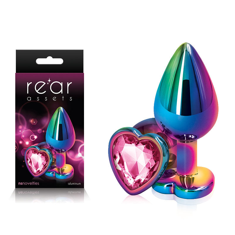 Rear Assets Multi Medium Metal Butt Plug with Pink Heart Gem Base
