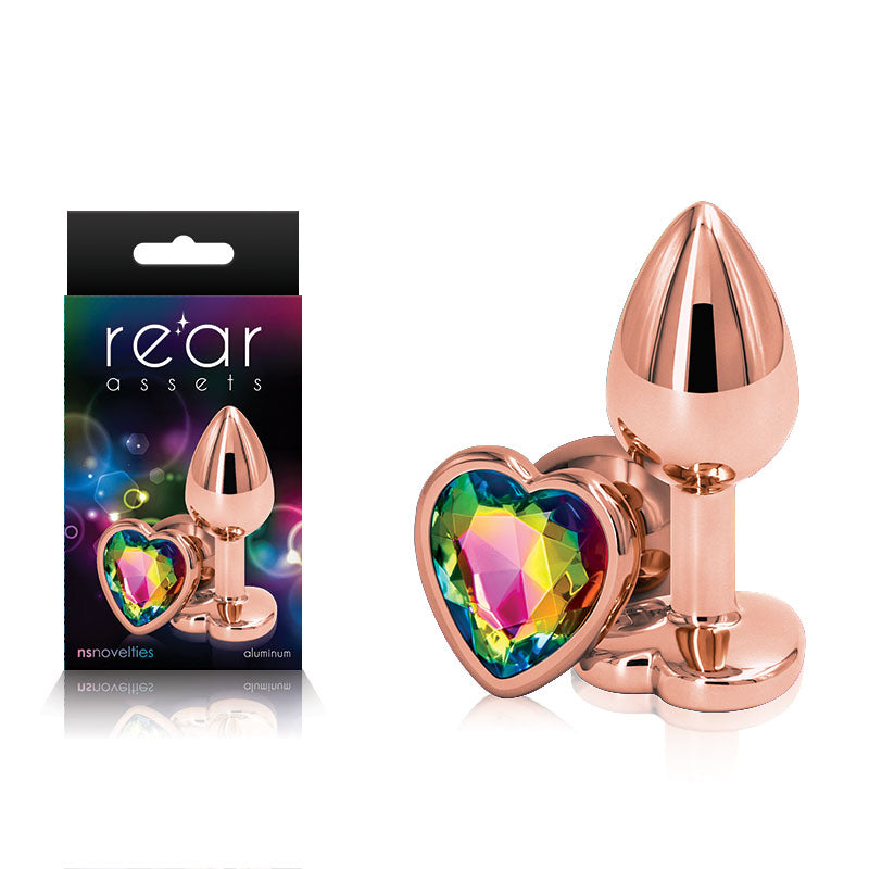 Rear Assets Rose Gold Small Metal Butt Plug with Rainbow Heart Gem Base – Lightweight Butt Plug