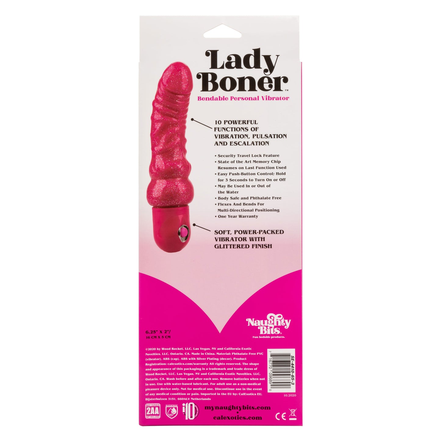 Naughty Bits Lady Boner Bendable Personal Vibrator Pink Glitter 10 Function Waterproof