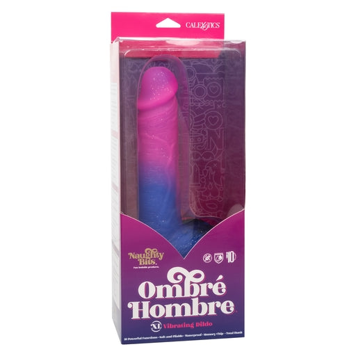 Naughty Bits Ombré Hombre XL Vibrating Dildo in Pink and Blue with Glitter Finish