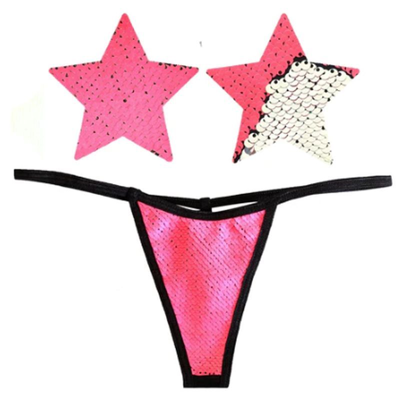 Neon Pink and Silver Blacklight Sequin Pastie and Panty Set