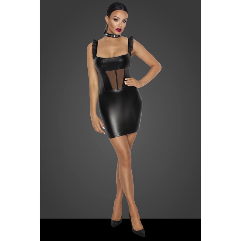 Noir Power Wetlook Short Dress with Front Tulle Inserts