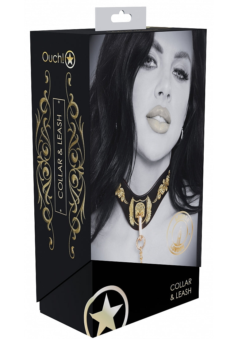Ouch London Collection Collar with Leash Black PU Leather with Gold Embroidery and Iridescent Hardware