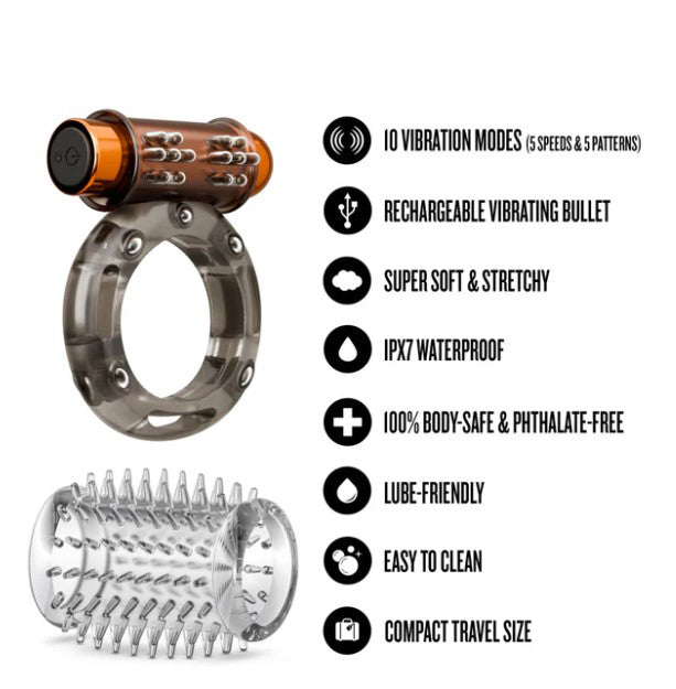 Stay Hard Vibrating Cock Ring Set With Textured Sleeve - Stamina Enhancer