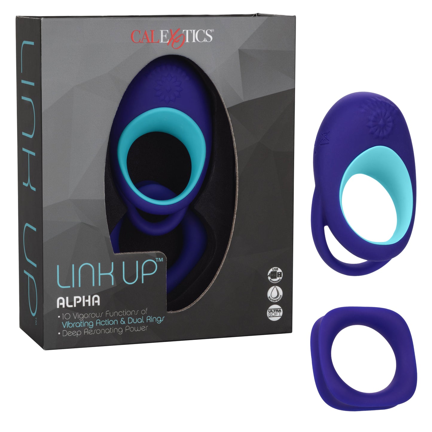 Link Up Alpha Vibrating Couples Enhancer Ring Two-Piece Set Blue and Turquoise Waterproof Silicone