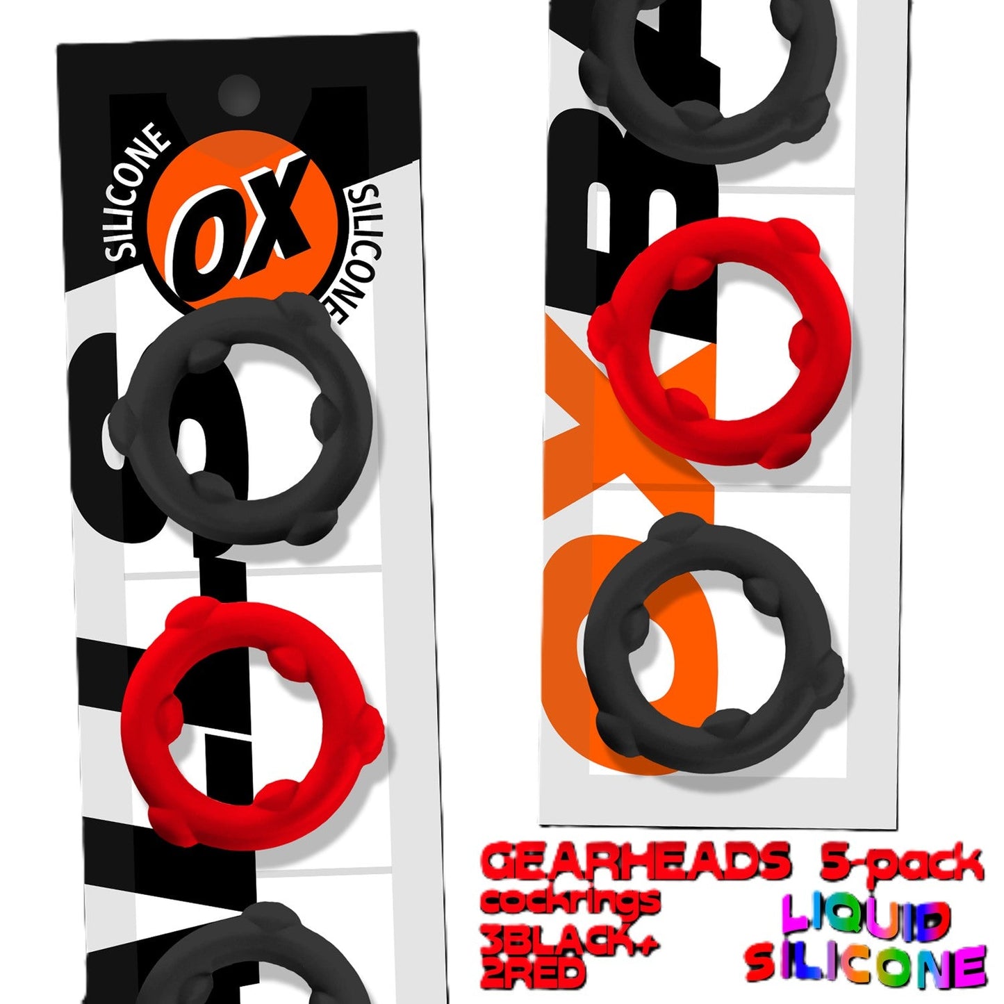 Oxballs Gearheads (Red/Black) – 5-Pack Liquid Silicone Stretch Cockrings