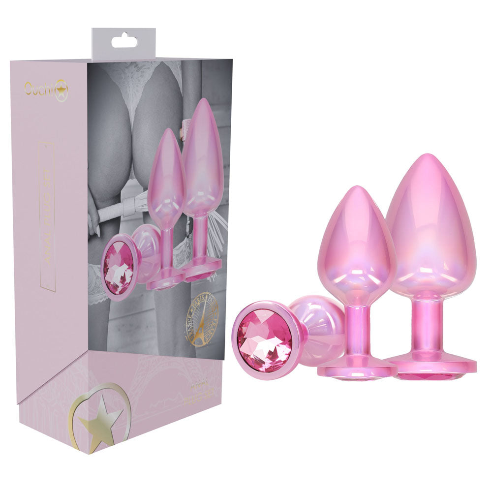 Ouch Paris Collection Metal Anal Plug Set Metallic Butt Plugs with Gem Bases Set of Three Sizes