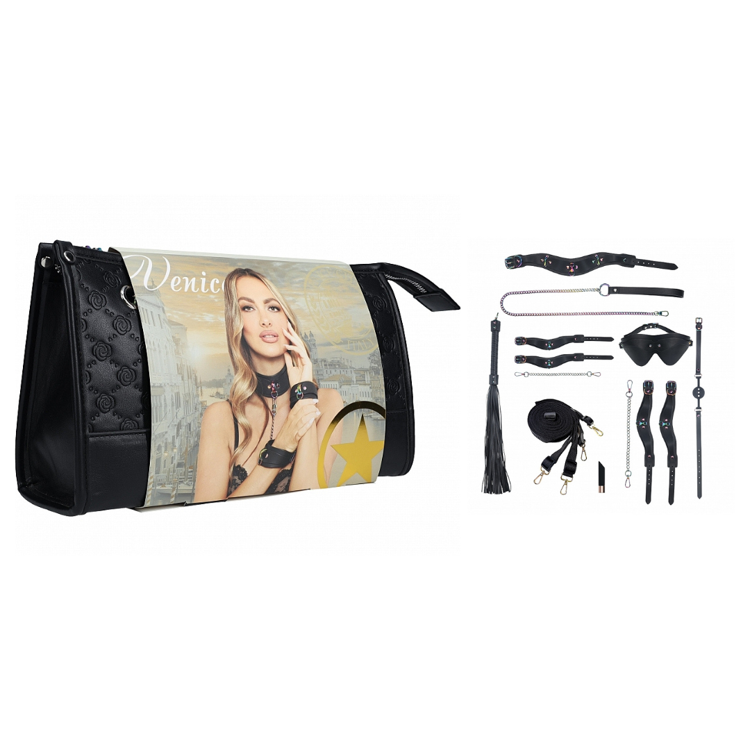 Ouch! Venice Collection Kit with Bag Black Bondage Set with Iridescent Hardware and Accessories