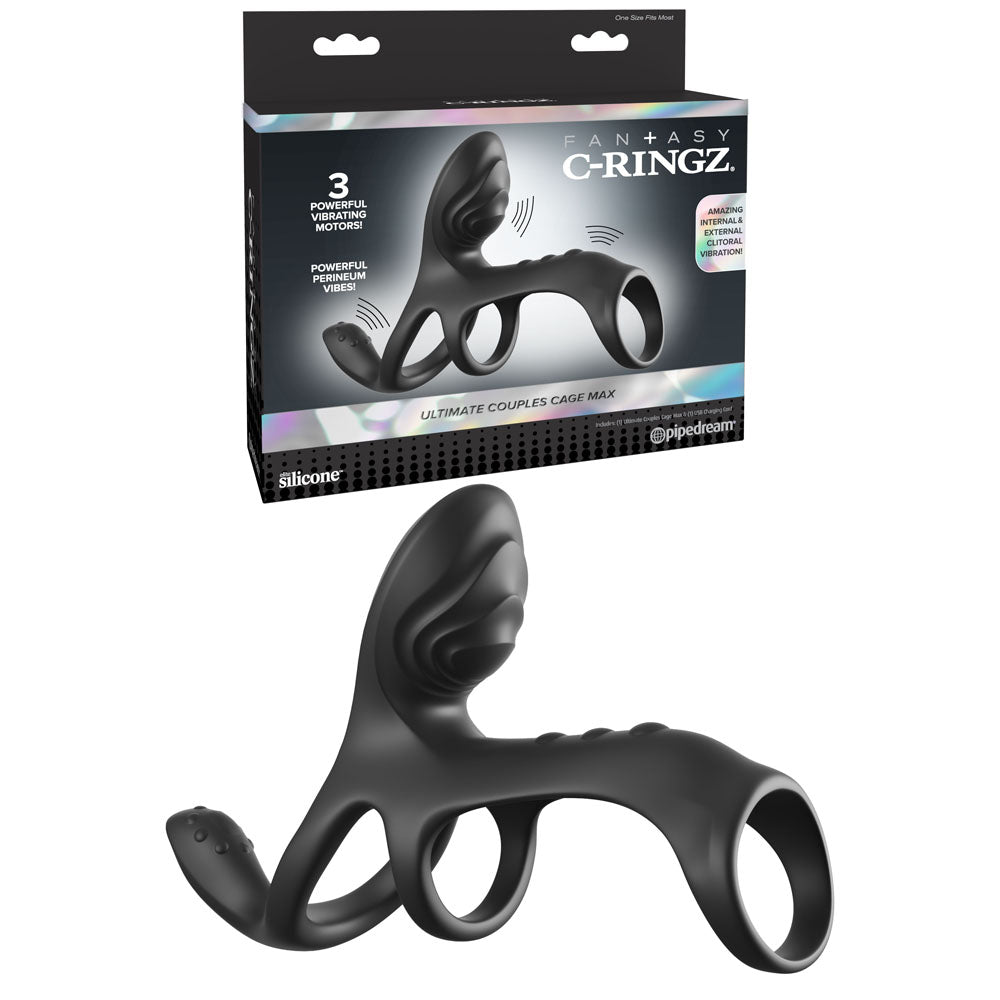 Fantasy C-Ringz Ultimate Couples Cage – USB Rechargeable Triple Motor Vibrating Cock Ring Cage