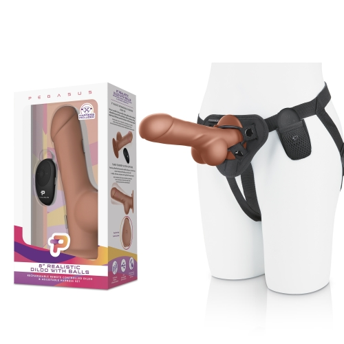 Pegasus 8 Inch Remote Control Realistic Silicone Dildo with Balls and Adjustable Harness Brown