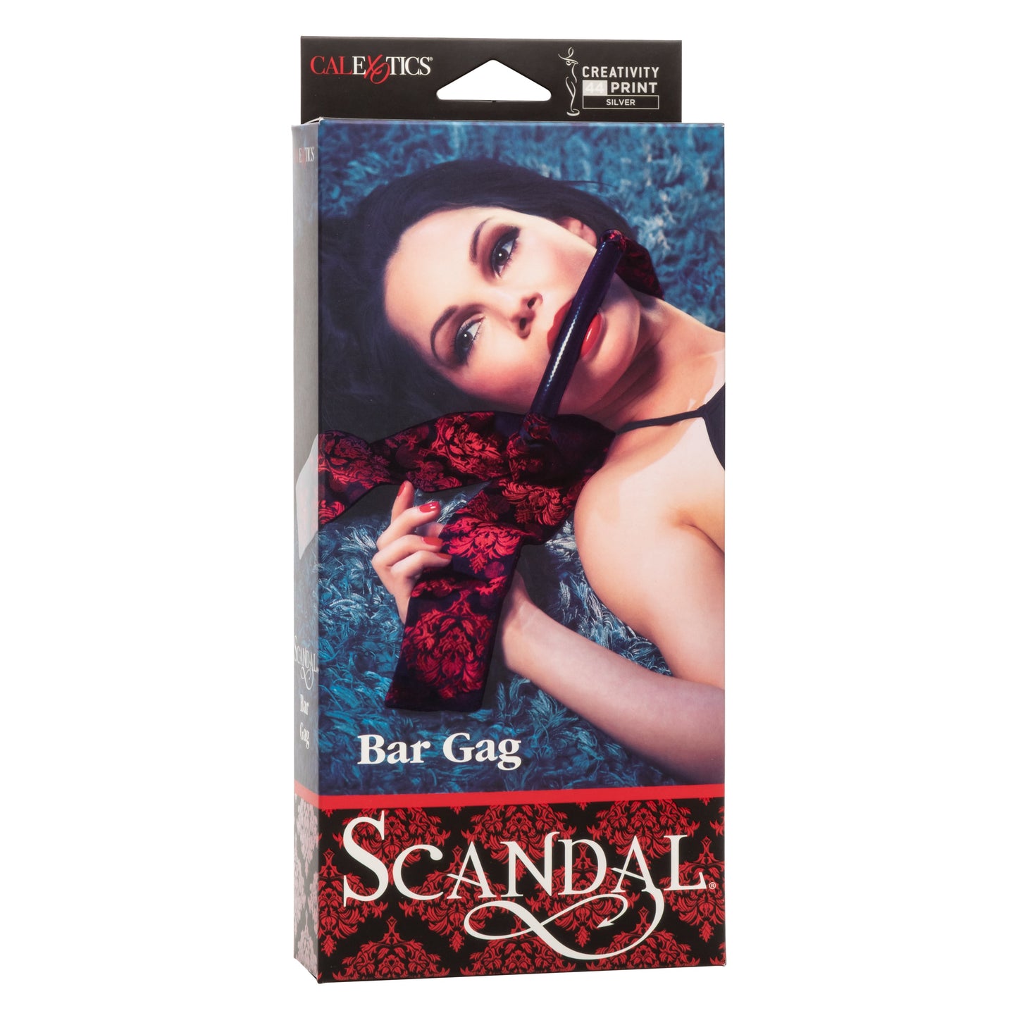 Scandal Bar Gag with Black PVC Plastic Bar and Red Black Brocade Double-Padded Strap