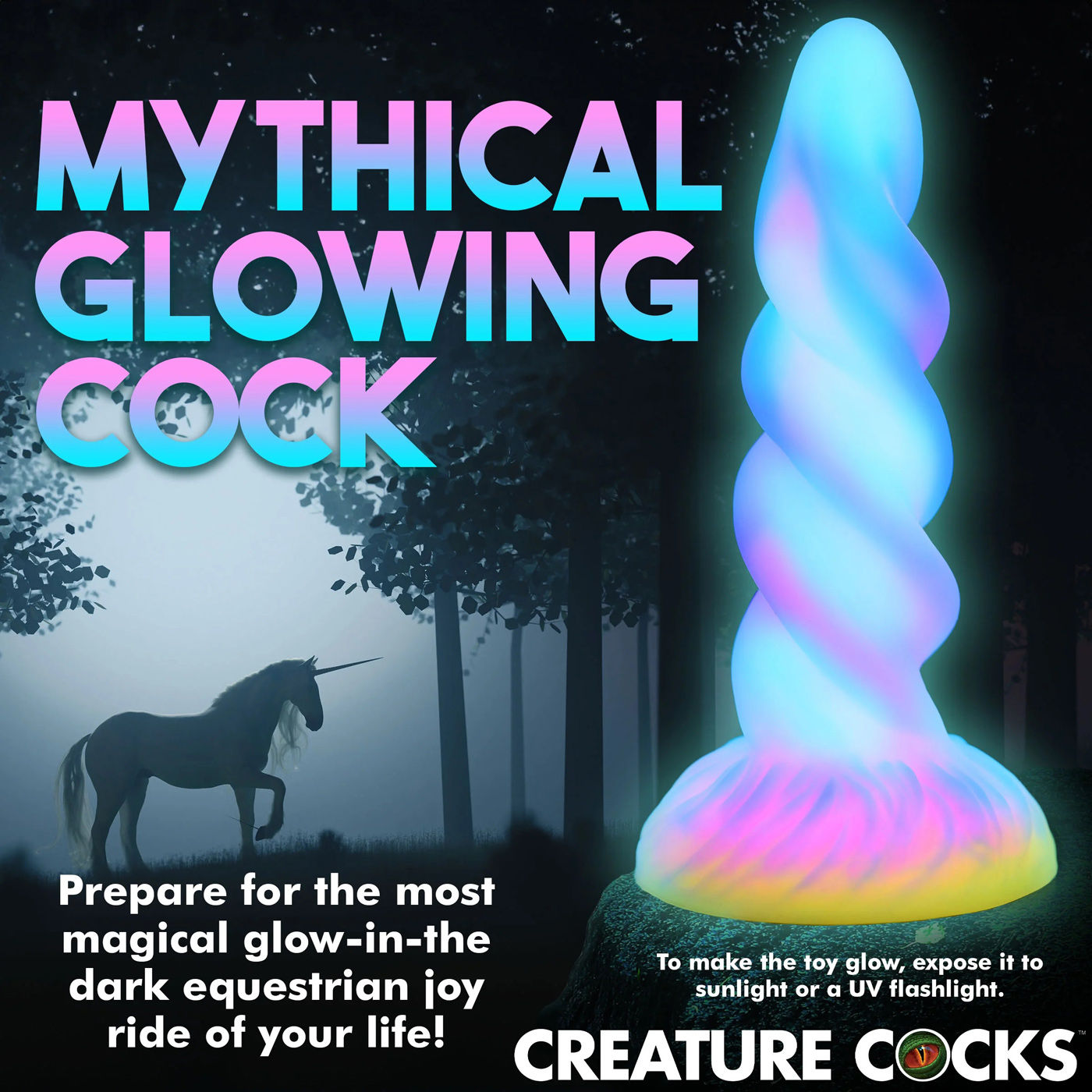 Moon Rider Glow in the Dark Unicorn (Colorful Sunburst) – Vibrant Glow Dildo 7 Inches