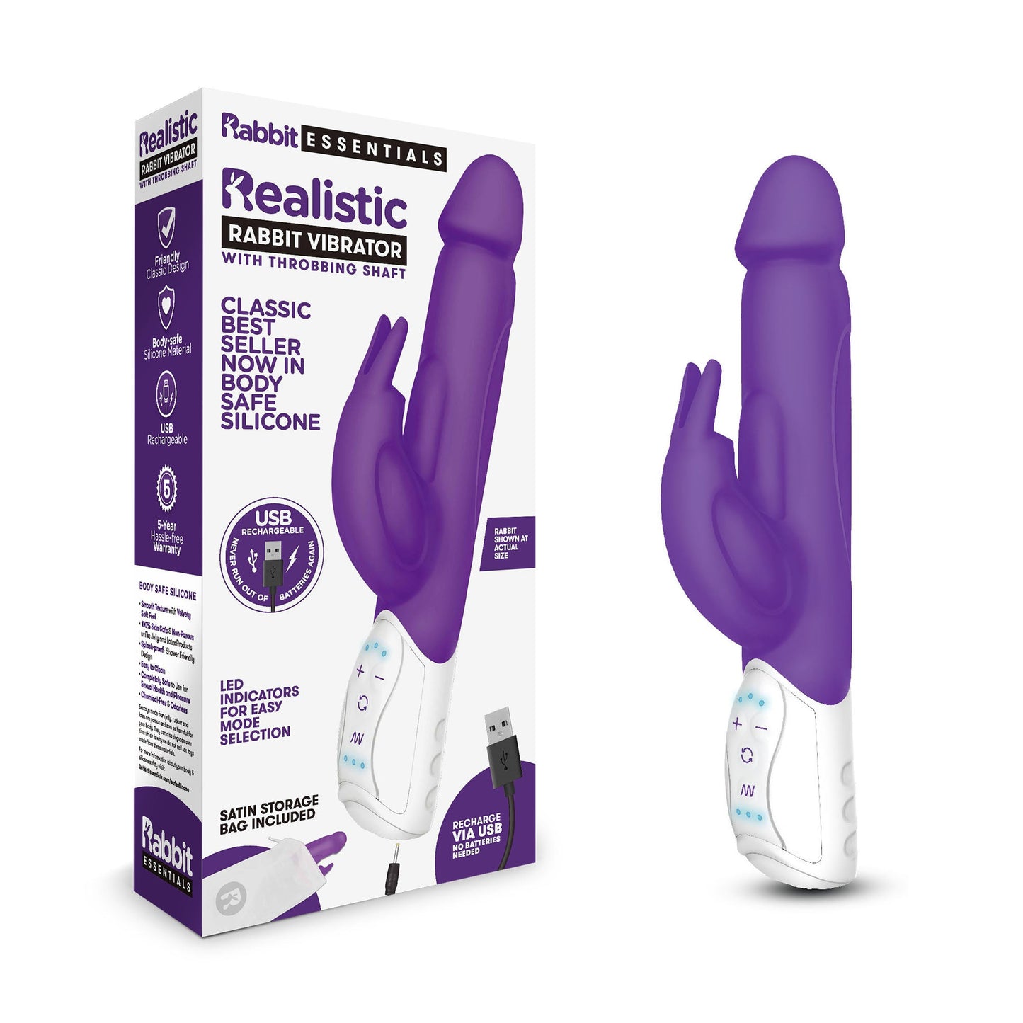 Rabbit Essentials Realistic Rabbit Vibrator Hot Purple with Body-Safe Silicone and Ergonomic Design