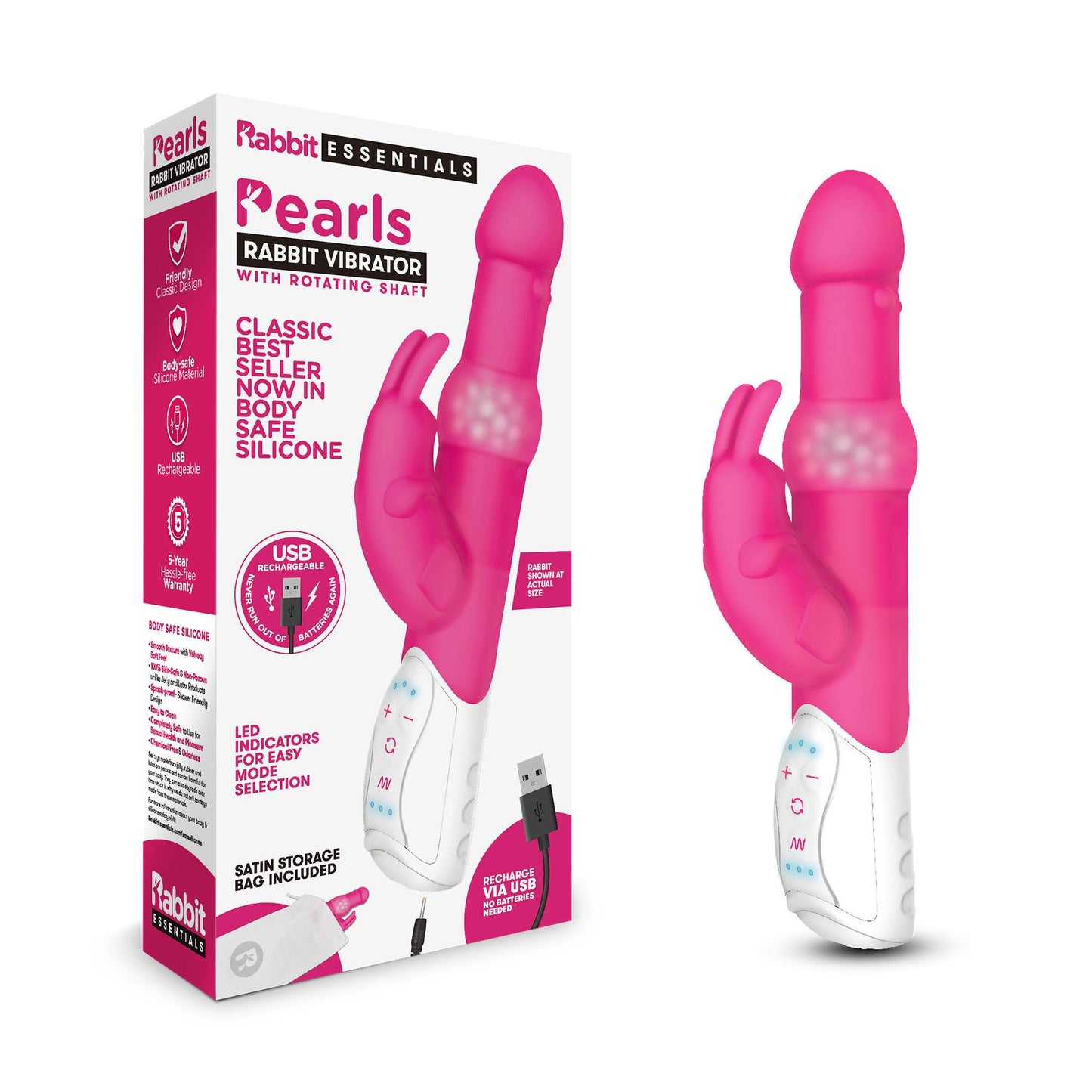 Rabbit Essentials Pleasure Pearls Rabbit Vibrator Hot Pink with Rotating Shaft and Multi-Speed Functions