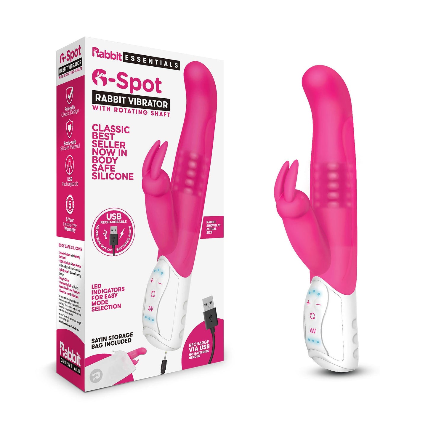 Rabbit Essentials G-Spot Rabbit Vibrator Hot Pink with Rotating Shaft and Charging