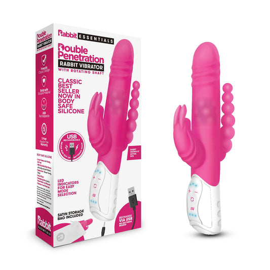 Rabbit Essentials Double Penetration Rabbit Vibrator Hot Pink Silicone Rechargeable