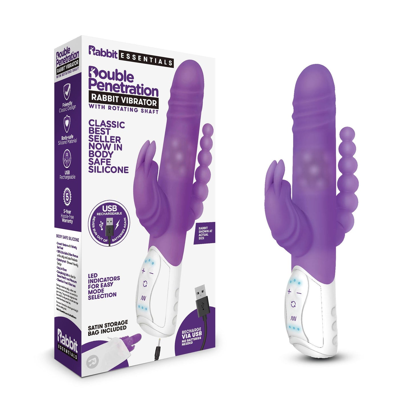 Rabbit Essentials Double Penetration Rabbit Vibrator in Purple with Rotating Beads and Body-Safe Silicone