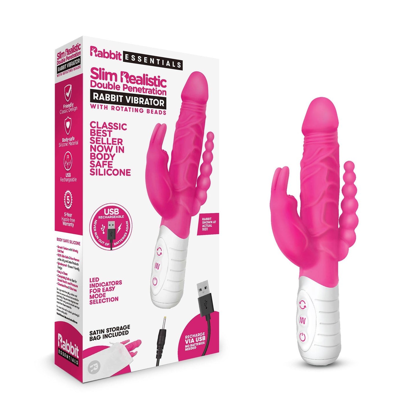 Rabbit Essentials Slim Double Penetration Rabbit Vibrator with Rotating Beads Silicone Pink