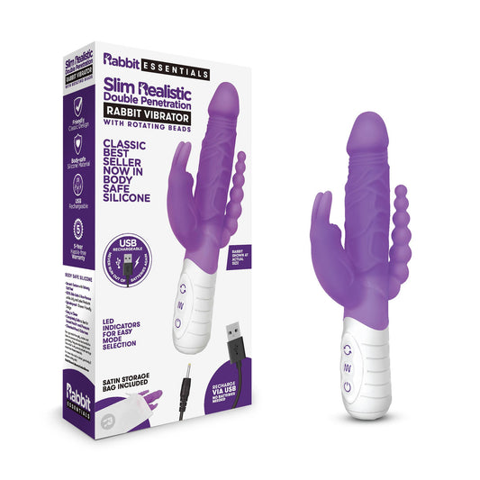 Rabbit Essentials Slim Double Penetration Rabbit Vibrator in Purple with Body-Safe Silicone