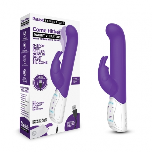 Rabbit Essentials Come Hither G-Spot Rabbit Vibrator Purple with Charging and Satin Storage Bag