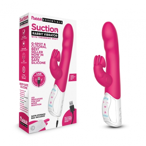 Rabbit Essentials Clitoral Suction Rabbit Vibrator Hot Pink with Body-Safe Silicone and Satin Storage Bag