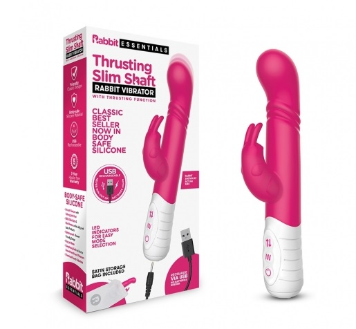 Rabbit Essentials Slim Shaft Thrusting G-Spot Rabbit Vibrator in Pink with Recharge and Satin Storage Bag