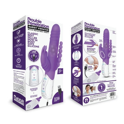 Rabbit Essentials Double Penetration Rabbit Vibrator in Purple with Rotating Beads and Body-Safe Silicone