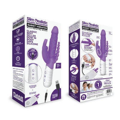 Rabbit Essentials Slim Double Penetration Rabbit Vibrator in Purple with Body-Safe Silicone