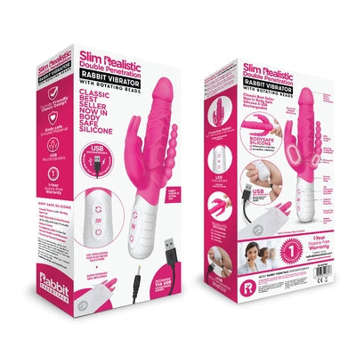 Rabbit Essentials Slim Double Penetration Rabbit Vibrator with Rotating Beads Silicone Pink
