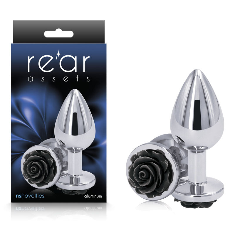 Rear Assets Rose Medium 8.9 cm Metal Butt Plug Black Rose Base